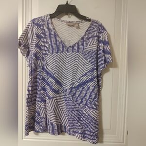 Chico's Geometric Blue and White Short Sleeve Top
